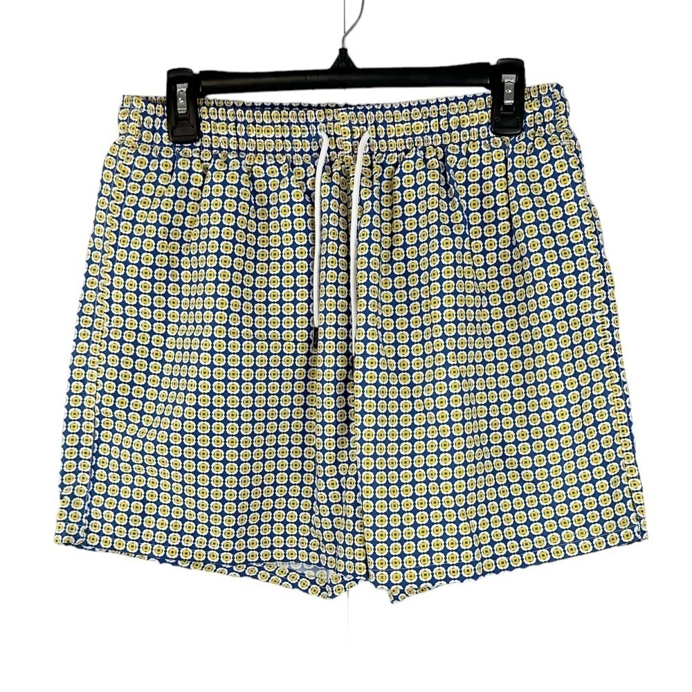 98 Costal Av Blue and Yellow Print Swim Trunk Bottom Beach Vacation